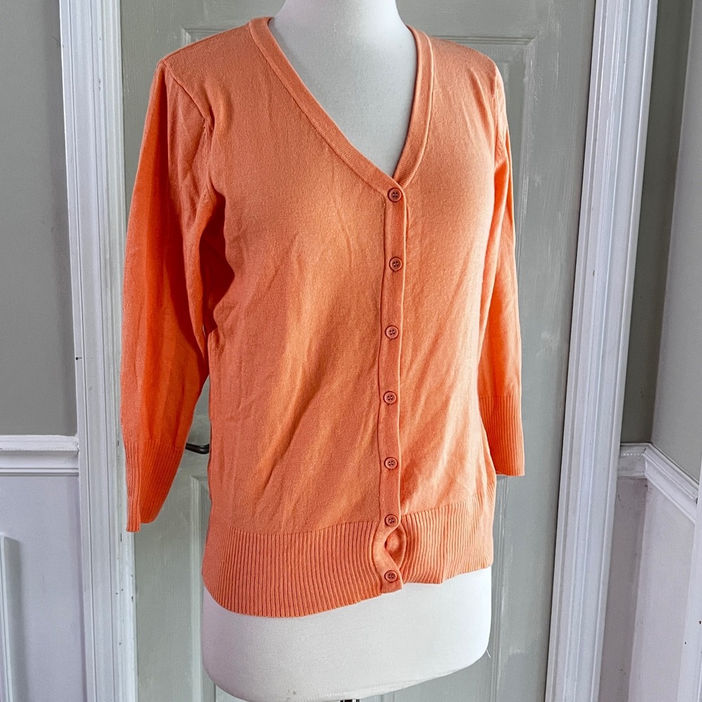 MAK Cardigan Sweater S/M Creamsicle Orange 3/4 Sleeve V-Neck Retro Pastel Soft